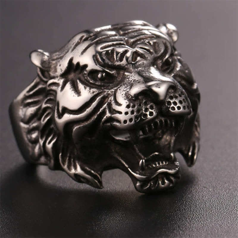 Stone of buddha Men's Animal Tiger Head Titanium Steel Balance Calm Punk Rock Biker Ring