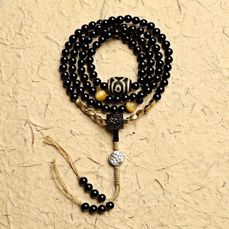 Stone of buddha Tibetan 108 Mala Beads Black Onyx Three-eyed Dzi Beads Protection Bracelet