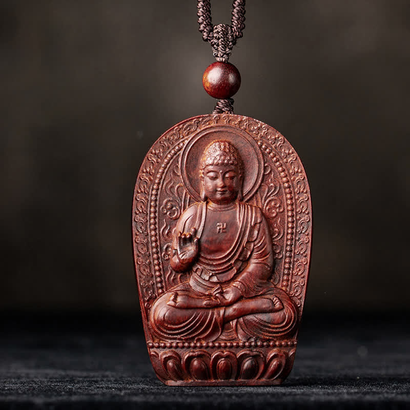 Stone of buddha Chinese Zodiac Natal Buddha Small Leaf Red Sandalwood Lotus Protection Necklace Pendant