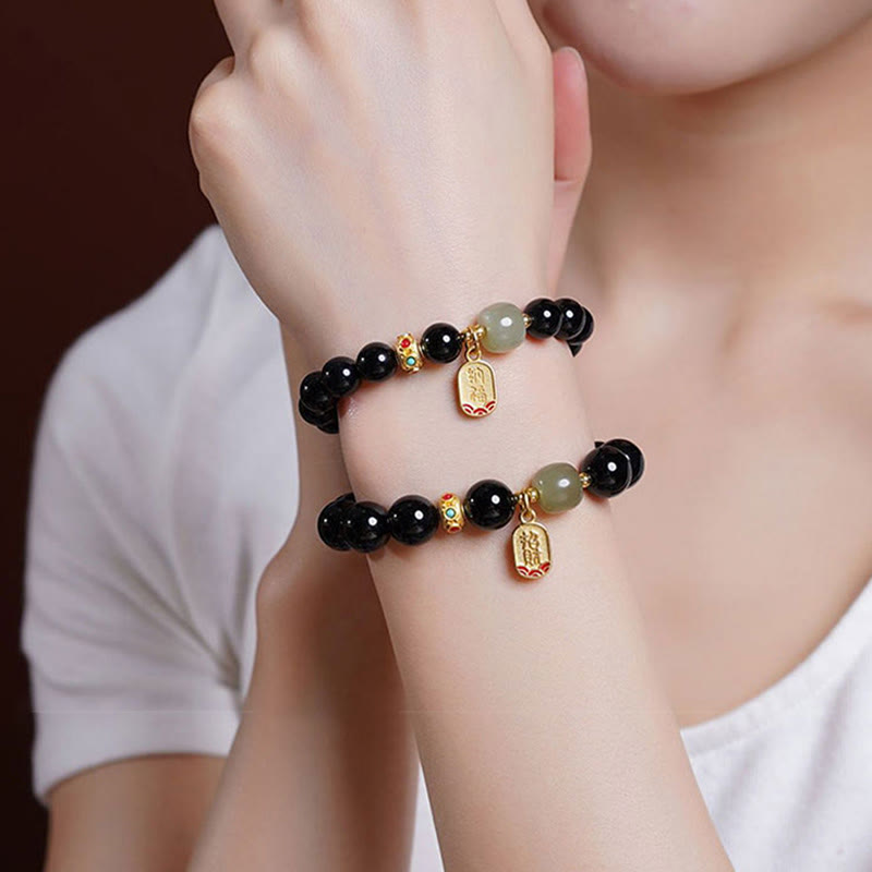 Stone of buddha Black Onyx Hetian Jade Bead Lucky Fortune Charm Bracelet