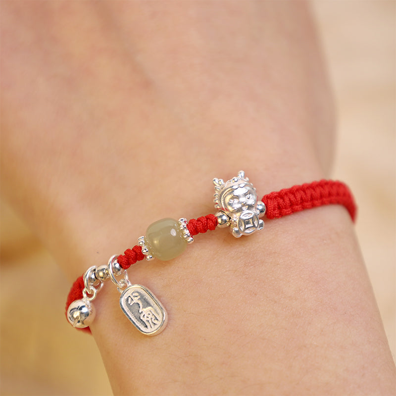 Stone of buddha Handmade Year Of The Dragon 999 Sterling Silver Hetian Jade Copper Coin Peace And Joy Protection Bracelet