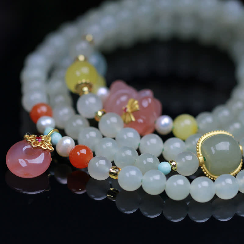 Stone of buddha Natural Hetian Jade Pink Crystal Peace Buckle Happiness Abundance Bracelet