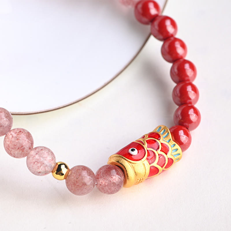 Stone of buddha Natural Strawberry Quartz Cinnabar Lucky Koi Fish Healing Bracelet