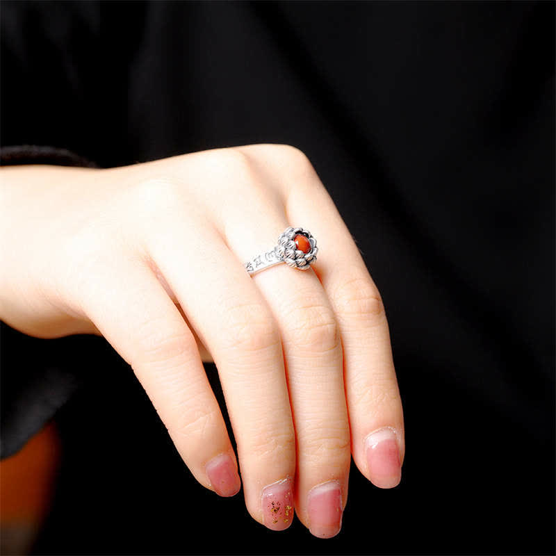 Stone of buddha925 Sterling Silver Lotus Red Agate Confidence Blessing Ring