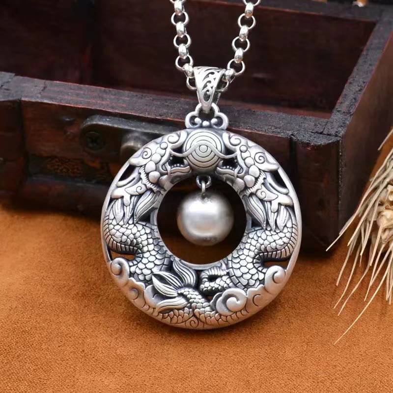 Stone of buddha Double Dragon Playing Bead Copper Protection Necklace Pendant