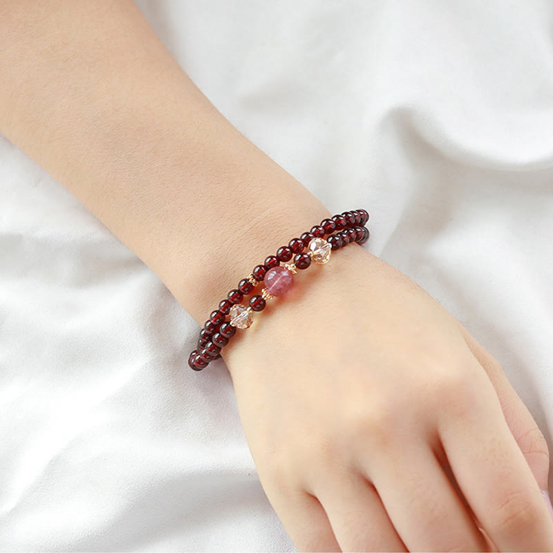 Stone of buddha 14K Gold Plated Natural Garnet Strawberry Quartz Stability Double Wrap Bracelet