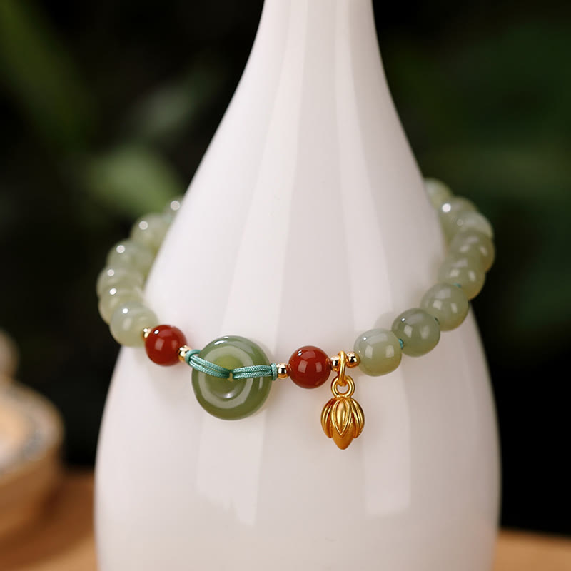 Stone of buddha 925 Sterling Silver Natural Hetian Jade Peace Buckle Red Agate Luck Bracelet