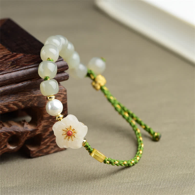 Stone of buddha 925 Sterling Silver Natural Hetian Jade Peach Blossom Luck Bracelet