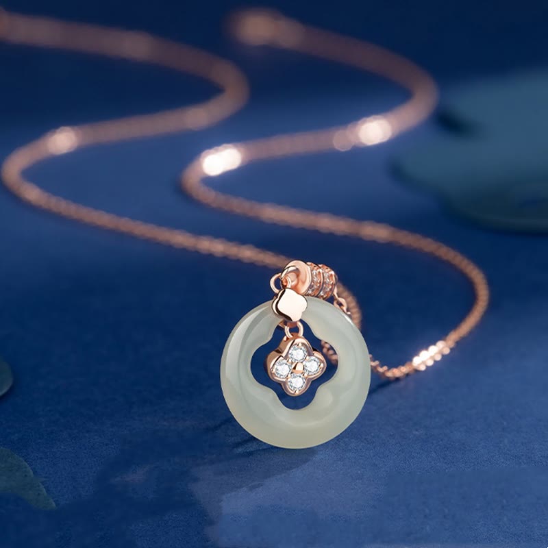 Stone of buddha 925 Sterling Silver Natural Hetian Jade Lucky Four Leaf Clover Zircon Necklace Pendant With Gift Box