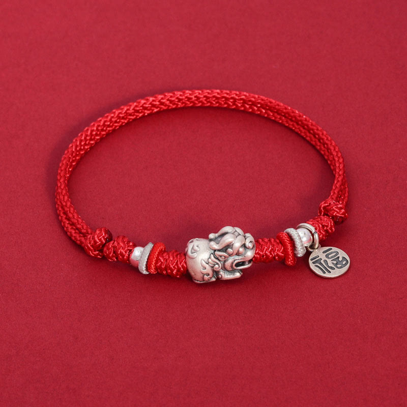 Stone of buddha 925 Sterling Silver PiXiu Fu Character Wealth Luck Handmade Braided Bracelet
