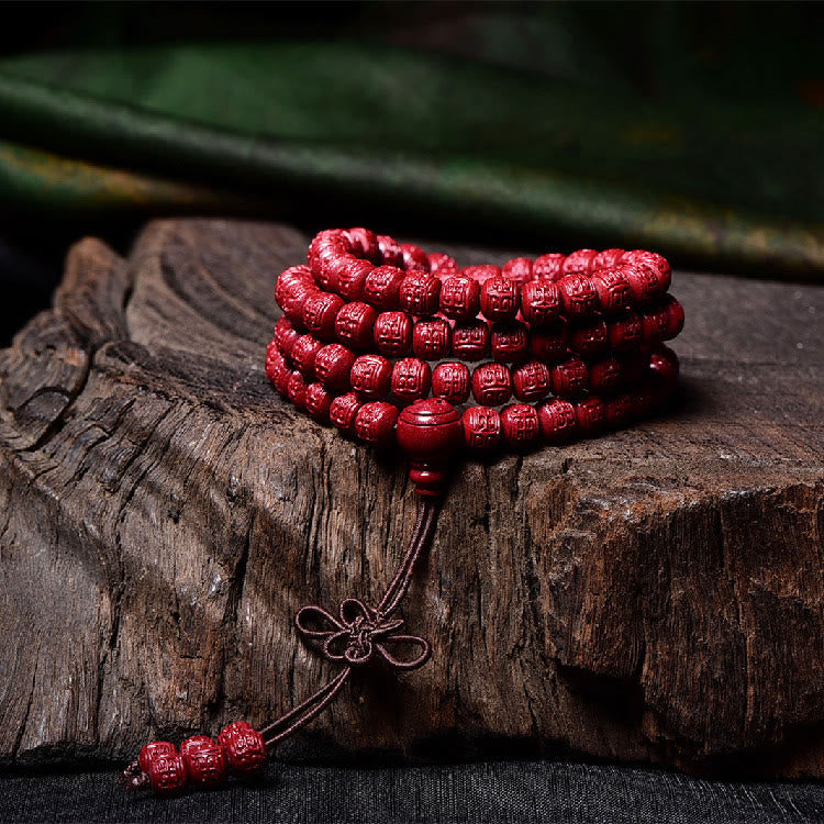 Stone of buddha 108 Mala Beads Cinnabar Om Mani Padme Hum Pattern Engraved Blessing Bracelet