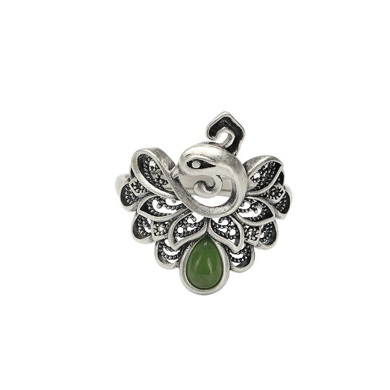 Stone of buddha 925 Sterling Silver Peacock Hetian Cyan Jade Fortune Adjustable Ring