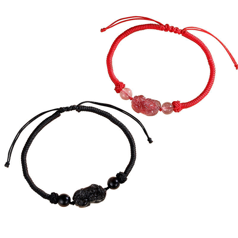 Stone of buddha Handmade Natural Silver Sheen Obsidian Strawberry Quartz PiXiu Protection Braided Bracelet