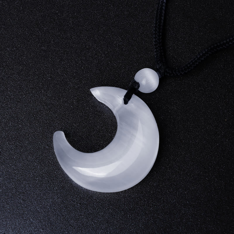 Stone of buddha Natural Silver Sheen Obsidian Selenite Crystal Crescent Moon Yin Yang Couple Protection Necklace Pendant