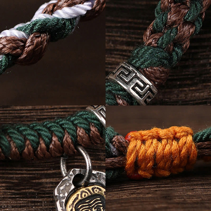 Stone of buddha Handmade Tibetan Silver 925 Sterling Silver Zakiram Goddess of Wealth Camel Bone Protection Braided Bracelet