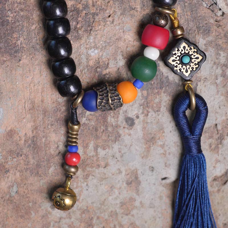 Stone of buddha 108 Beads Mala Ebony Wood Dzi Bead Copper Balance Tassel Bracelet