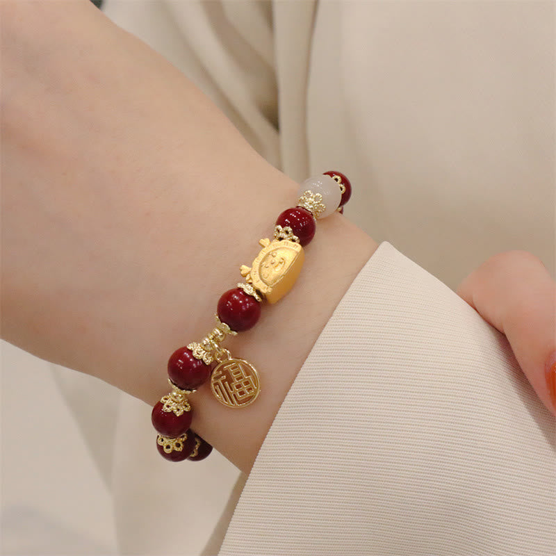 Stone of buddha Year Of The Dragon Red Agate Strawberry Quartz Black Obsidian Jade Garnet Pearl Cinnabar Dumpling Dragon Luck Fu Character Bracelet