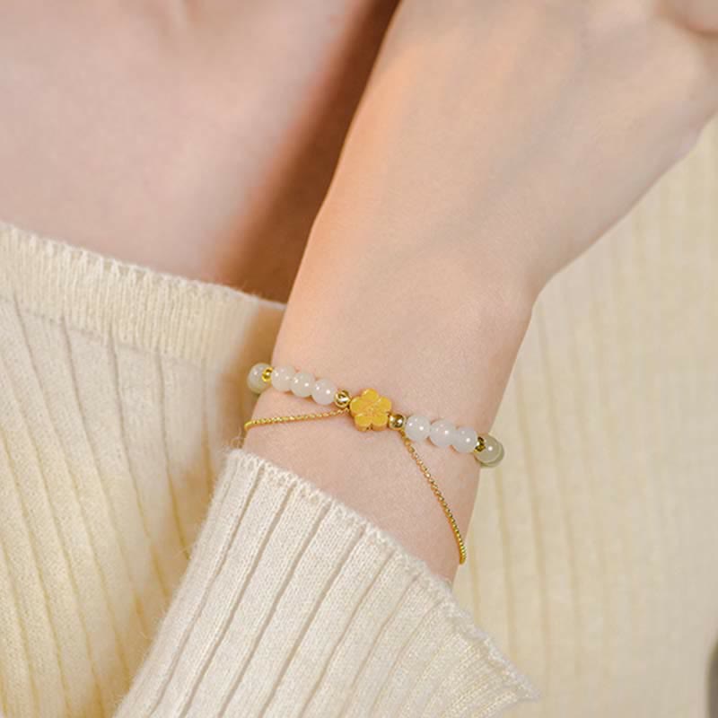 Stone of buddha 925 Sterling Silver Natural Hetian Jade Peach Blossom Luck Chain Bracelet