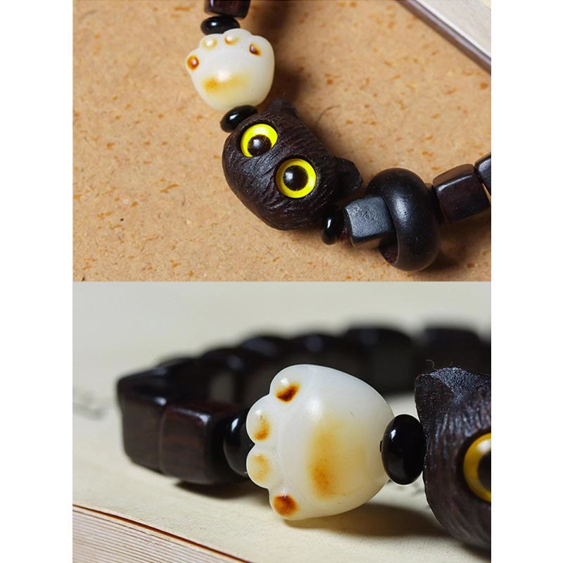 Stone of buddha Ebony Wood Cute Cat Bodhi Seed Paw Claw Square Beads Calm Bracelet
