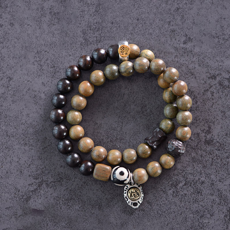 Stone of buddha Tibetan Green Sandalwood Ebony Wood Three-eyed Dzi Bead Fu Character Balance Peace Double Wrap Bracelet