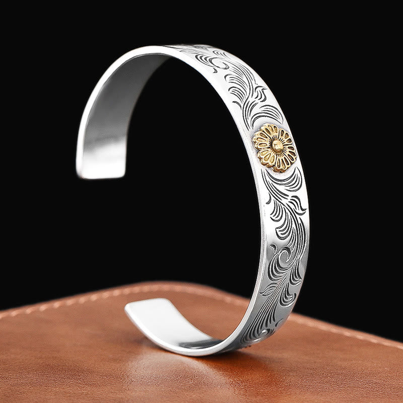 Stone of buddha Tang Dynasty Flower Design Rose Flower Feather Carved Copper Luck Bracelet Bangle