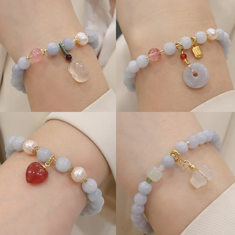 Stone of buddha Natural Aquamarine Chalcedony Serenity Rabbit Gourd Cat Charm Bracelet
