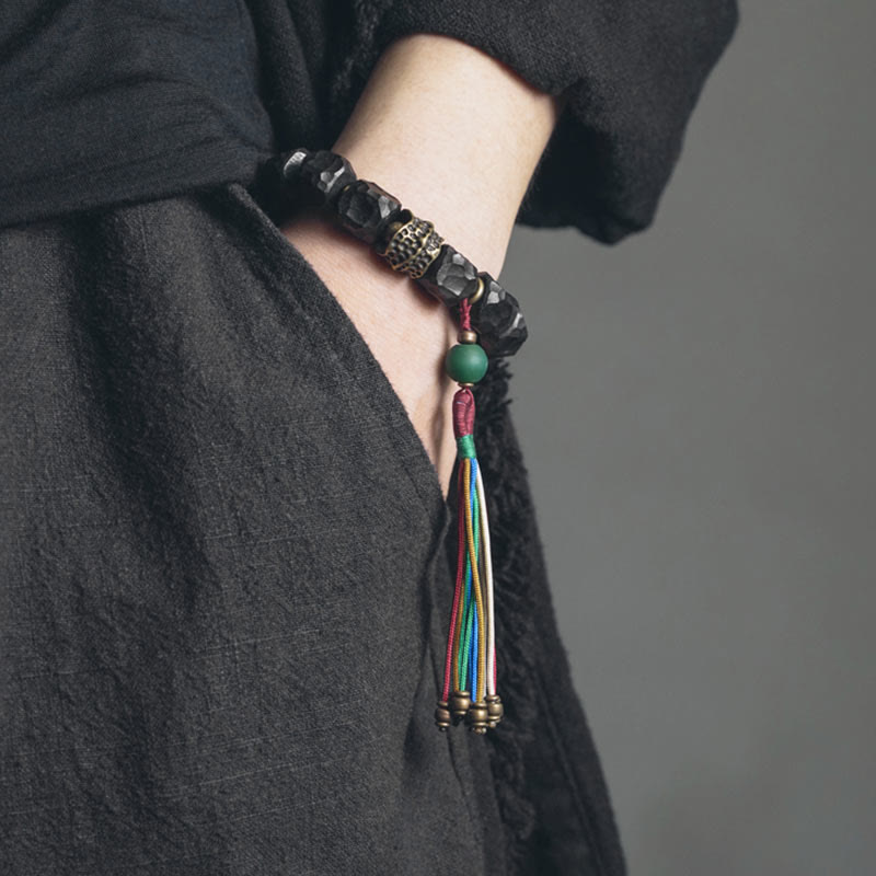 Stone of buddha Tibet Ebony Wood Copper Peace Tassel Wrist Mala Bracelet