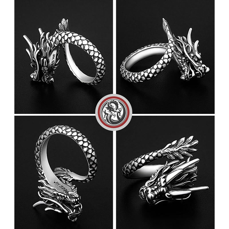 Stone of buddha 990 Sterling Silver Vintage Dragon Design Luck Protection Strength Adjustable Ring