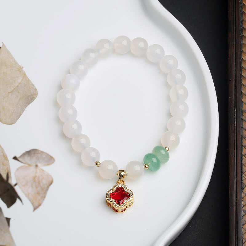 Stone of buddha Natural White Agate Red Agate Money Bag Fu Character Four Leaf Clover Protection Bracelet