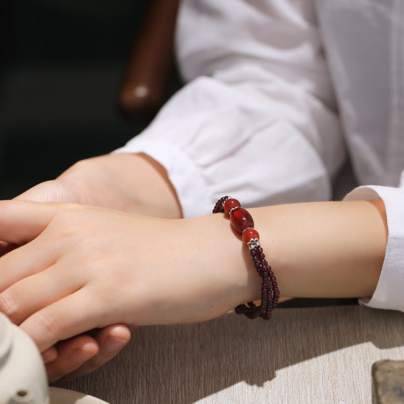 Stone of buddha Natural Garnet Red Agate Protection Triple Layer Bracelet