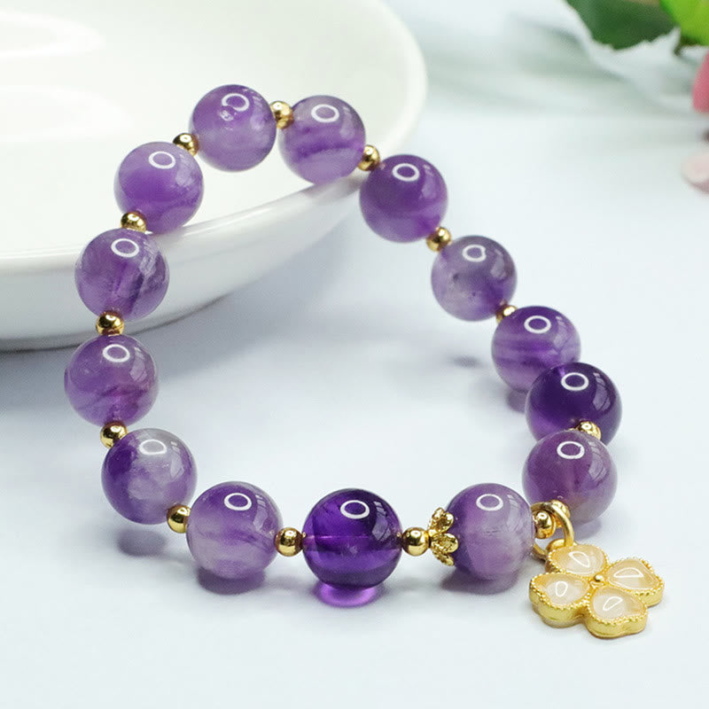 Stone of buddha Natural Amethyst Crystal Inner Peace Four Leaf Clover Charm Bracelet