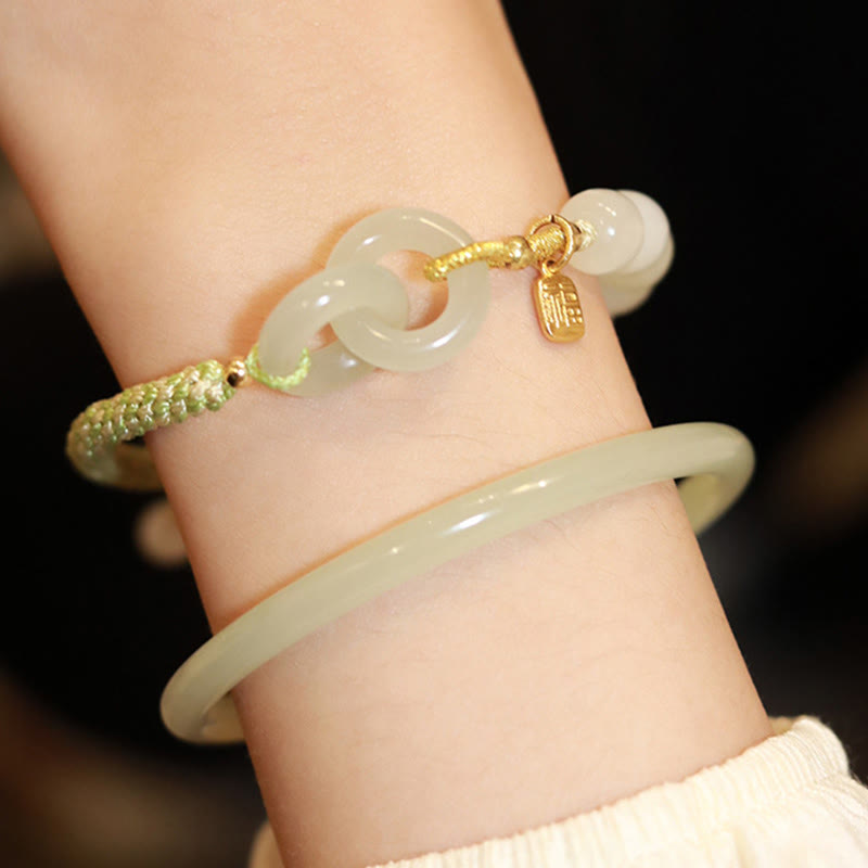 Stone of buddha Natural Hetian Jade Bead Double Peace Buckle Fu Character Abundance Braided Bracelet