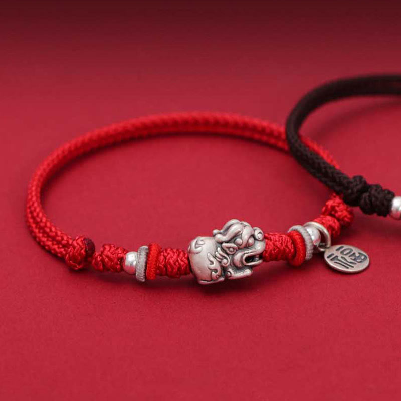 Stone of buddha 925 Sterling Silver PiXiu Fu Character Wealth Luck Handmade Braided Bracelet