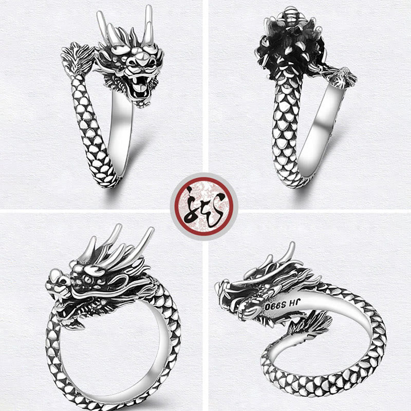 Stone of buddha 990 Sterling Silver Vintage Dragon Design Luck Protection Strength Adjustable Ring