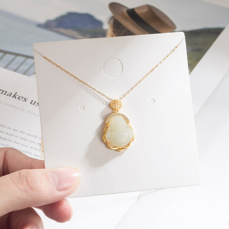 Stone of buddha 925 Sterling Silver Laughing Buddha Hetian White Jade Protection Necklace Pendant