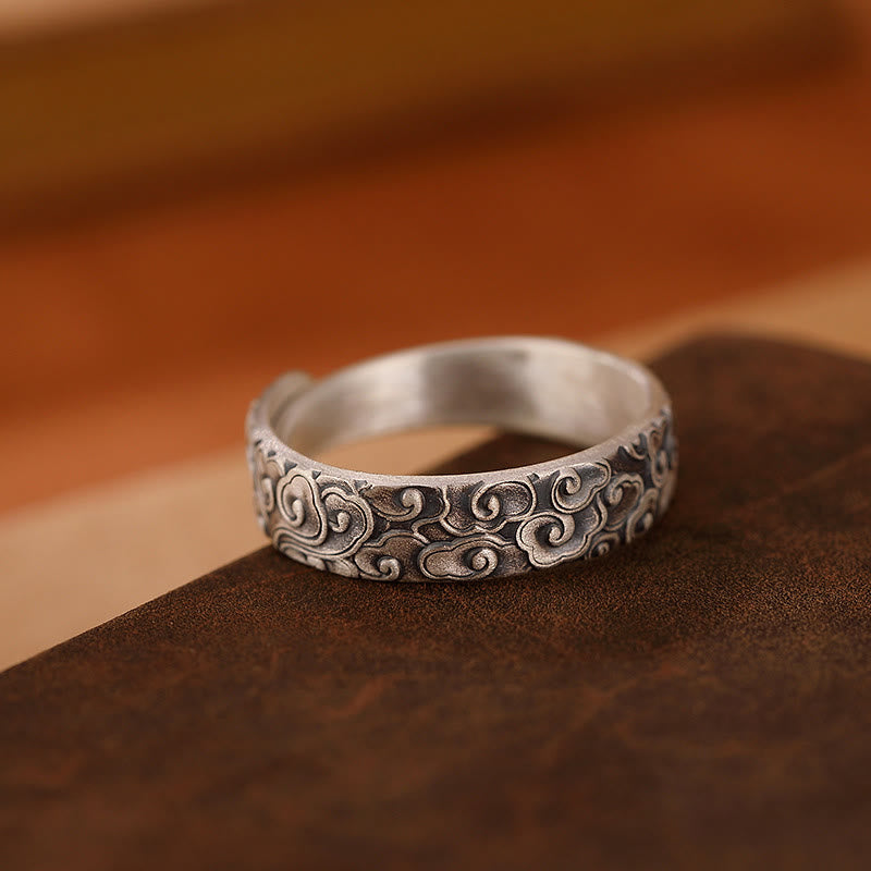 Stone of buddha 999 Sterling Silver Lotus Flower Plum Blossom Auspicious Clouds Engraved Enlightenment Ring