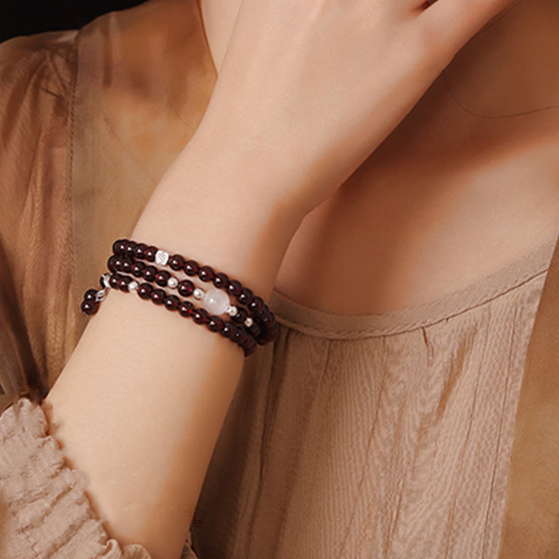 Stone of buddha 925 Sterling Silver Natural Garnet Cat Eye Protection Triple Wrap Bracelet