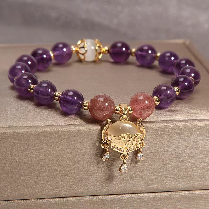 Stone of buddha Natural Amethyst Strawberry Quartz Cat Eye Chinese Lock Charm Healing Bracelet