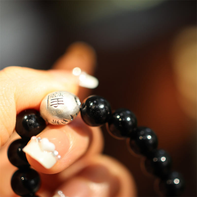 Stone of buddha 925 Sterling Silver Black Onyx Bead Character Engraved Protection Bracelet