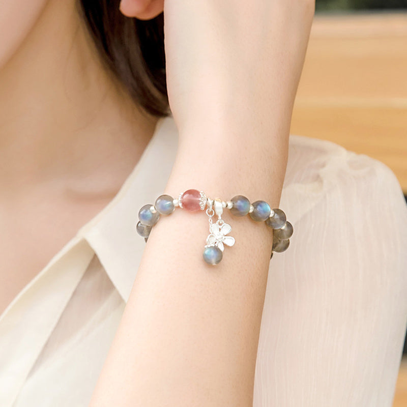Stone of buddha Moonstone Strawberry Quartz Flower Healing Charm Bracelet