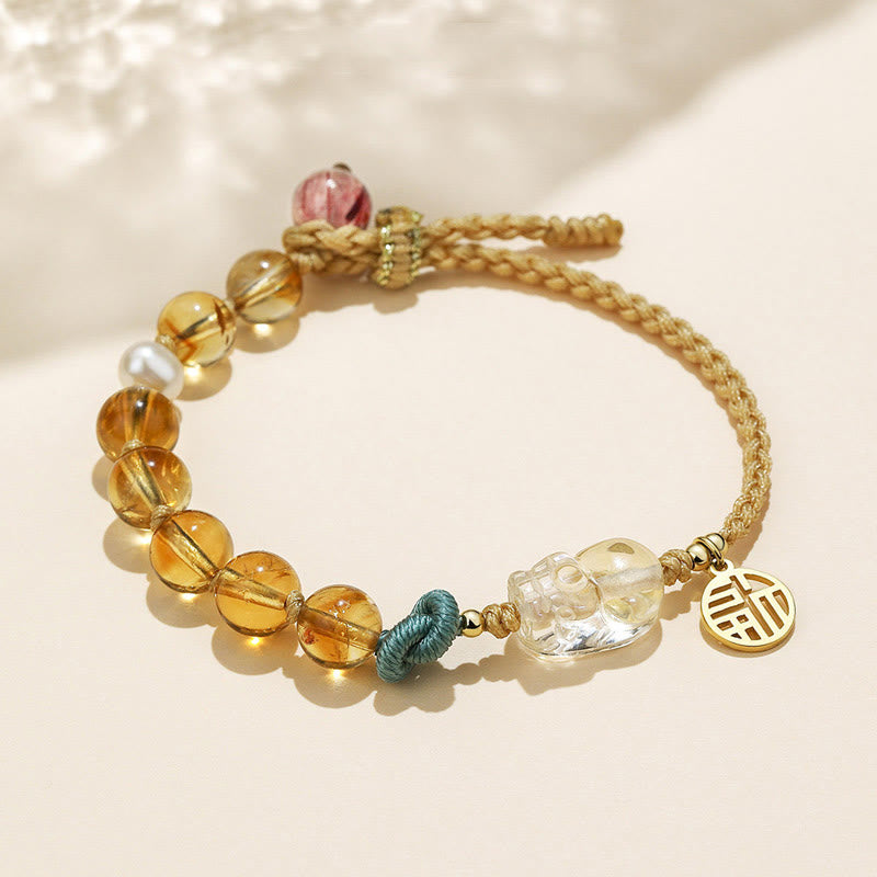 Stone of buddha Citrine PiXiu Fu Character Prosperity String Braided Bracelet