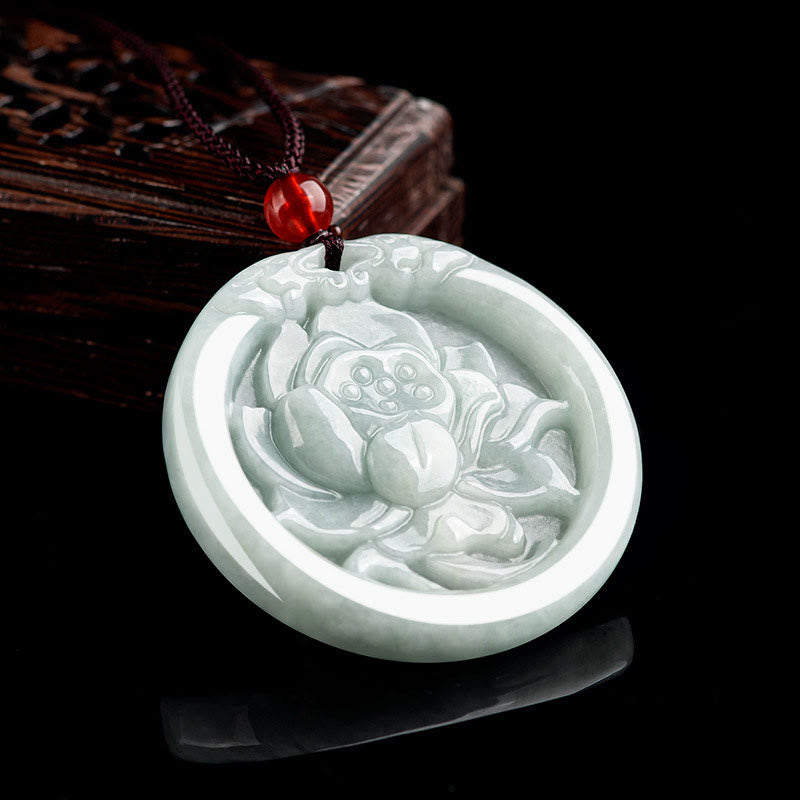 Stone of buddha Natural Jade Lotus Flower Carved Prosperity Necklace Pendant