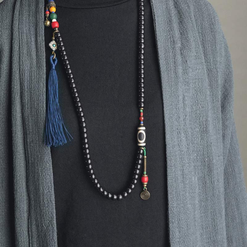 Stone of buddha 108 Beads Mala Ebony Wood Dzi Bead Copper Balance Tassel Bracelet