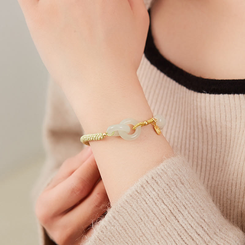 Stone of buddha Natural Hetian Jade Bead Double Peace Buckle Fu Character Abundance Braided Bracelet