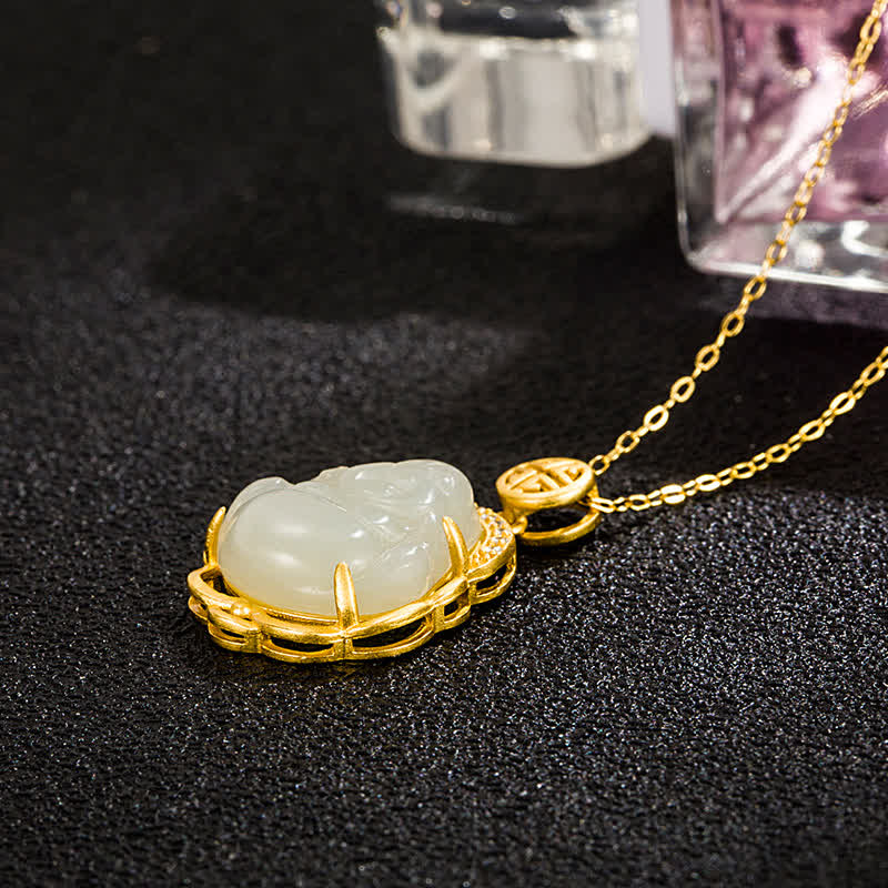 Stone of buddha 925 Sterling Silver Laughing Buddha Hetian White Jade Protection Necklace Pendant
