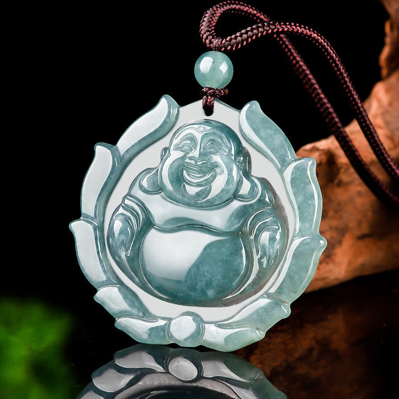 Stone of buddha Natural Jade Laughing Buddha Lotus Pattern Luck Necklace Pendant