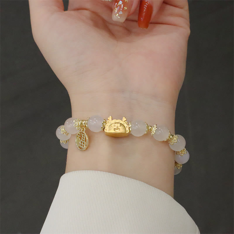 Stone of buddha Year Of The Dragon Red Agate Strawberry Quartz Black Obsidian Jade Garnet Pearl Cinnabar Dumpling Dragon Luck Fu Character Bracelet