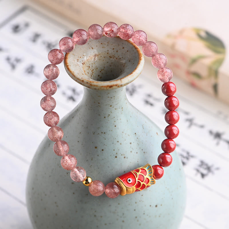 Stone of buddha Natural Strawberry Quartz Cinnabar Lucky Koi Fish Healing Bracelet