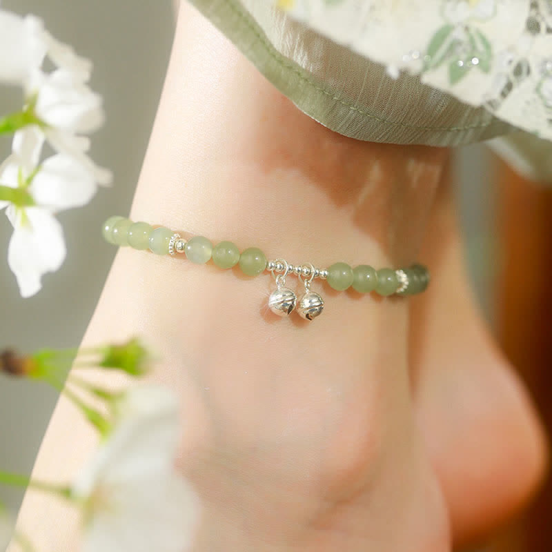 Stone of buddha 925 Sterling Silver Natural Hetian Jade Prosperity Bell Charm Anklet