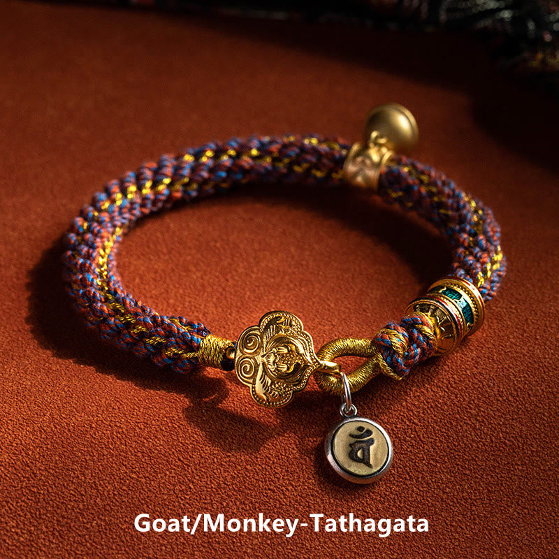 Stone of buddha 925 Sterling Silver Chinese Zodiac Natal Buddha Om Mani Padme Hum Luck Bell Braided String Bracelet